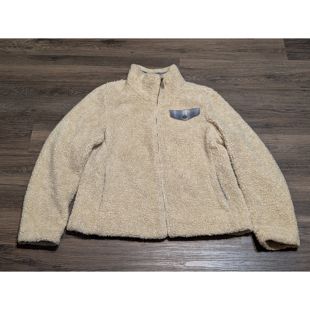 Pendleton Womens Sherpa Fleece Full Zip Jacket Cream Plaid Trim Medium